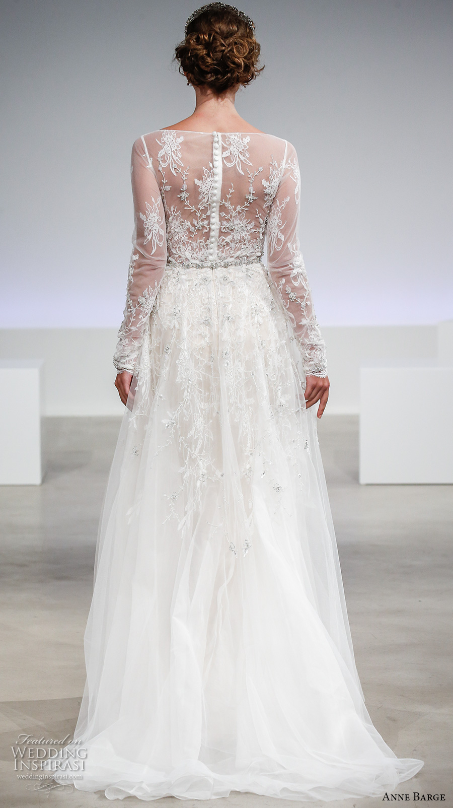 anne barge fall 2017 bridal lace long sleeves sheer bateau neckline heavily embellished bodice elegant a  line wedding dress illusion back sweep train (claire) bv
