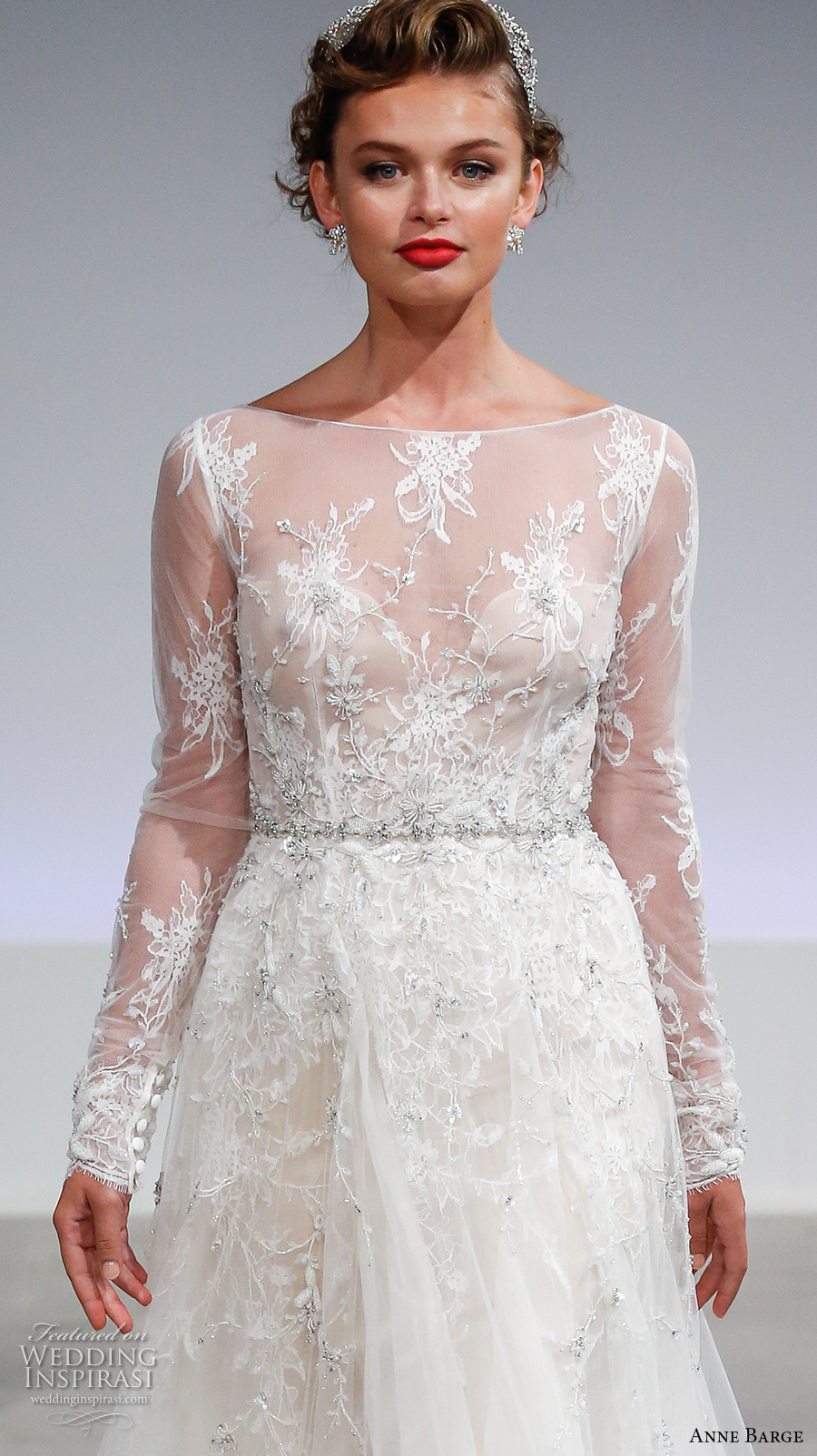 anne barge fall 2017 bridal lace long sleeves sheer bateau neckline heavily embellished bodice elegant a  line wedding dress illusion back sweep train (claire) zv