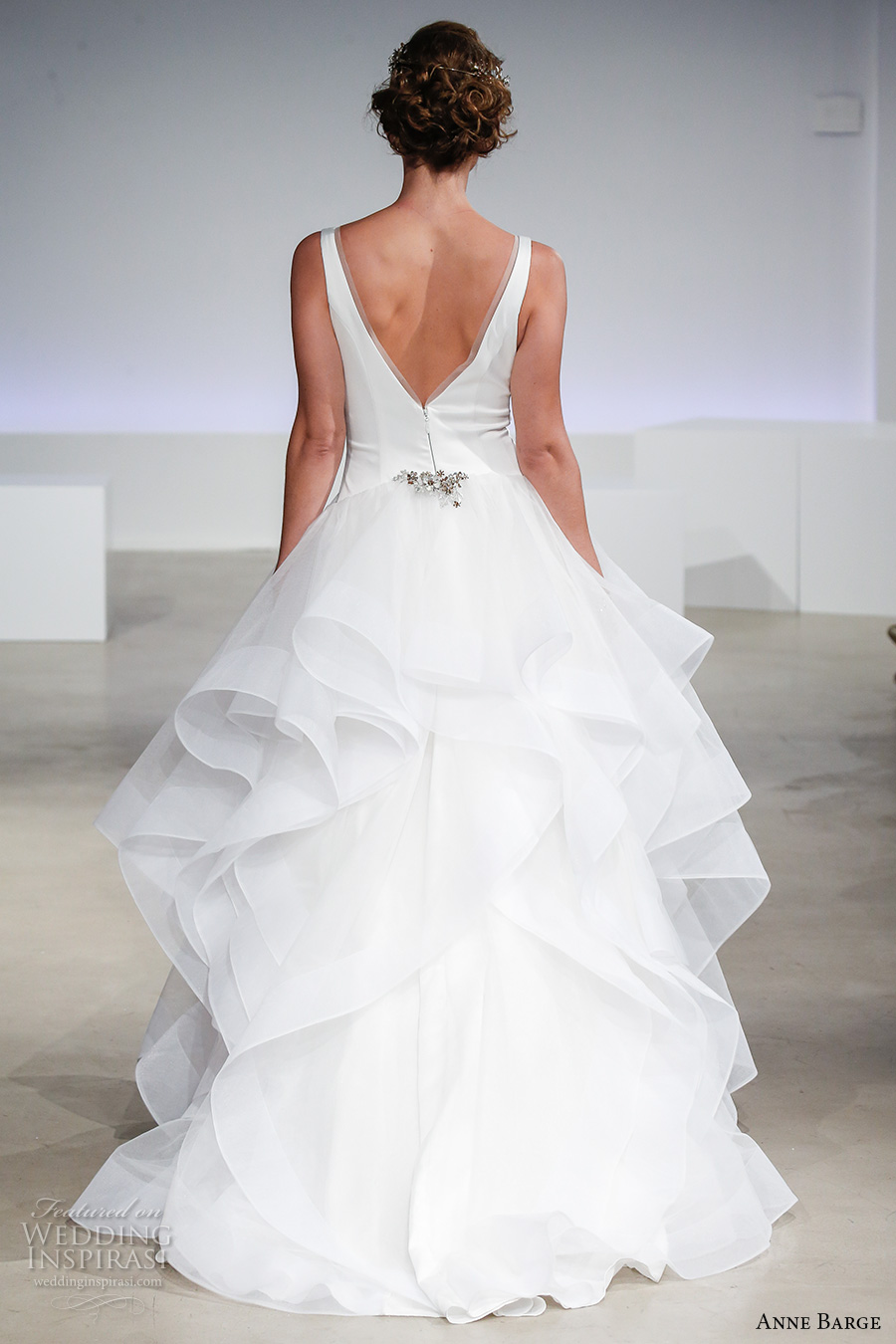 anne barge fall 2017 bridal sleeveless thick strap v neck simple chic princess tiered satin skirt ball gown a  line wedding dress v back sweep train (roxie) bv