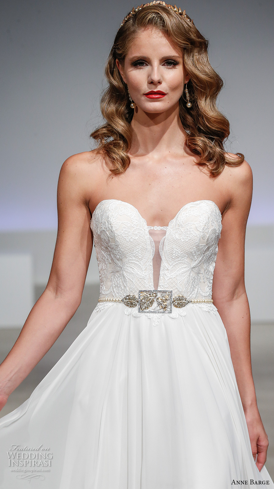 anne barge fall 2017 bridal strapless deep plunging sweetheart heavily embellished bodice neckline sexy elegant flowy a  line wedding dress sweep train (olive) zv