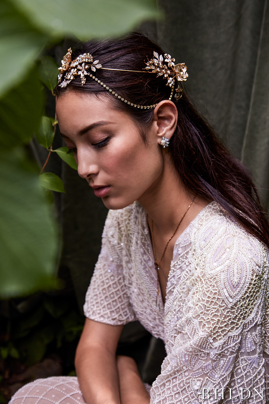 bhldn fall 2016 bridal bridal accessories gold halo woth swarovski crystals bohemian style wedding head piece band (everdeen halo) mv