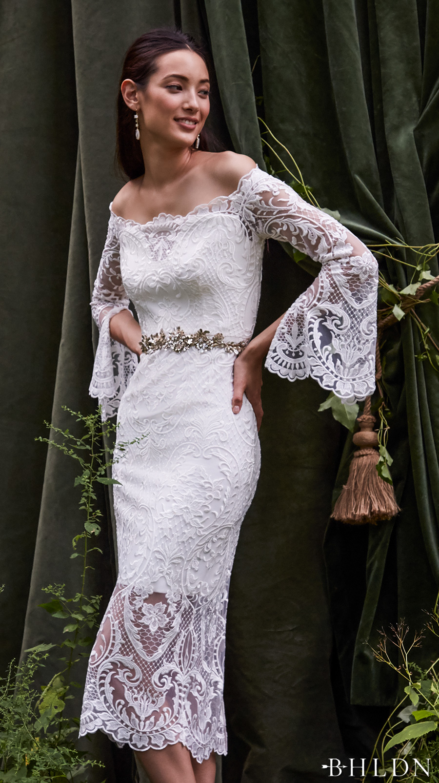 bhldn fall 2016 bridal long bell sleeves off the shoulder scallop straight across neckline full embellishment above the knee romantic bohemian lace short wedding dress (emilia) zv