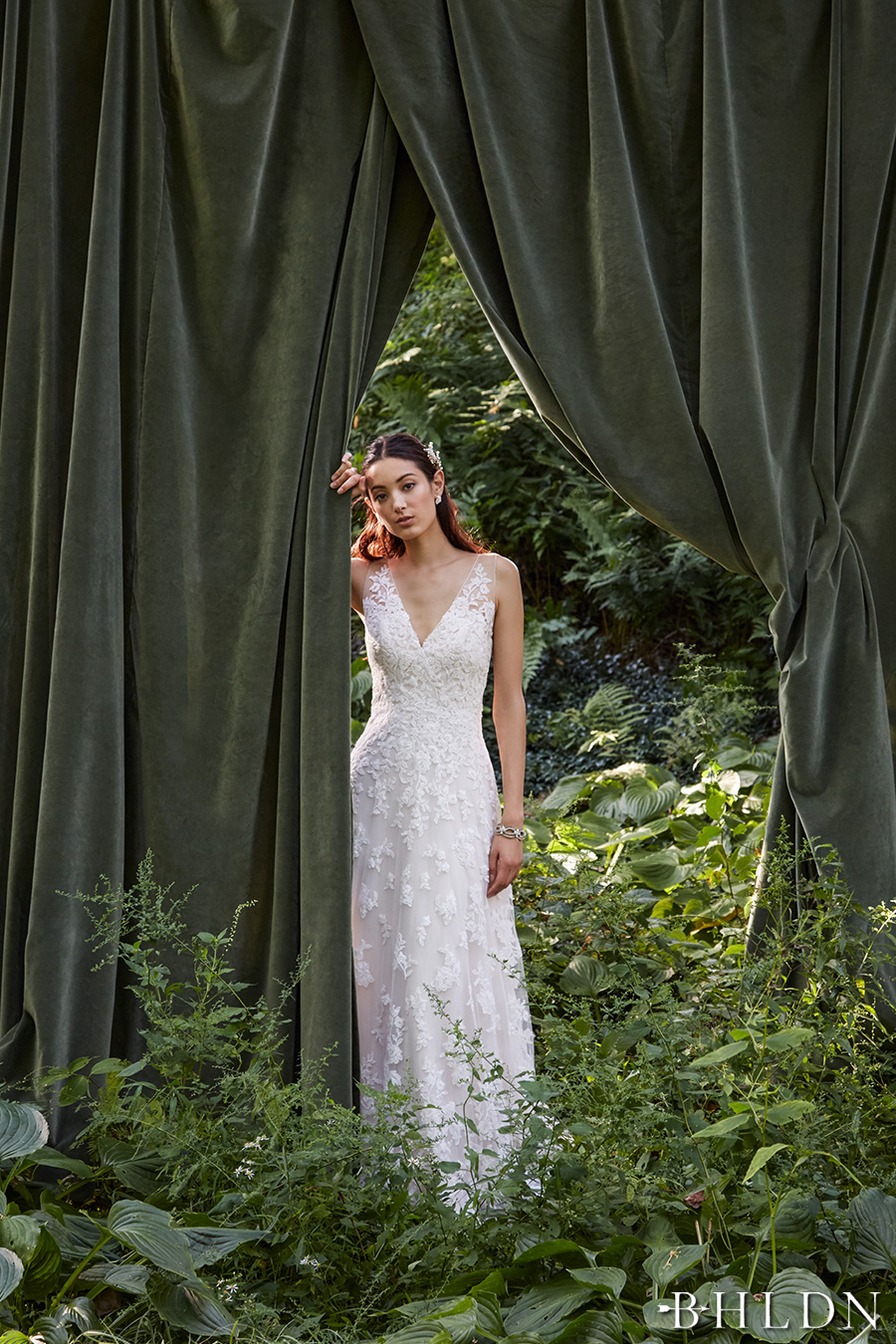 bhldn fall 2016 bridal sleeveless lace strap v neck full embellishment romantic classic beautiful a  line wedding dress sheer low back sweep train (blaire gown) mv