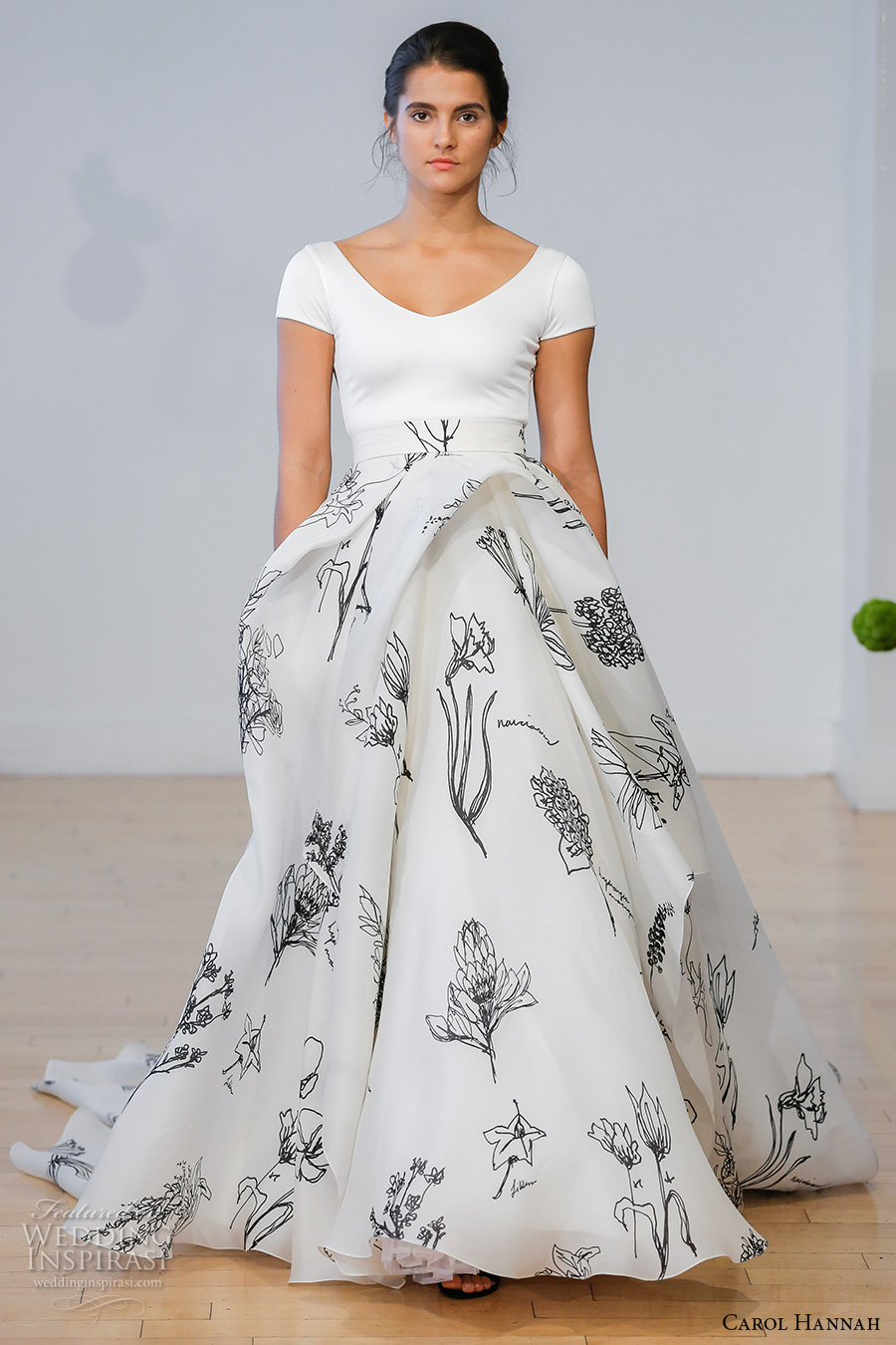 carol hannah 2017 bridal short sleeves v neck simple modern floral prints ball gown skirt a  line wedding dress sweep train (anthorium) mv