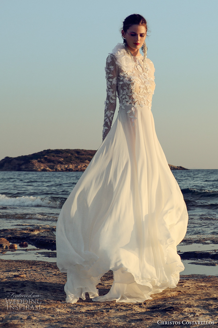 christos costarellos fall 2017 bridal long sleeves round neck heavily embellished bodice romantic a  line wedding dress (32) mv