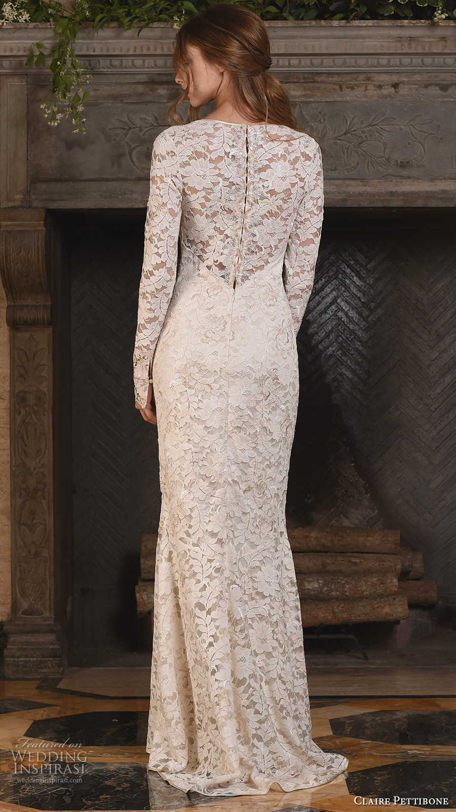 claire pettibone fall 2017 bridal lace long sleeves v back full embellishment elegant sheath wedding dress lace back sweep train (amber) zv