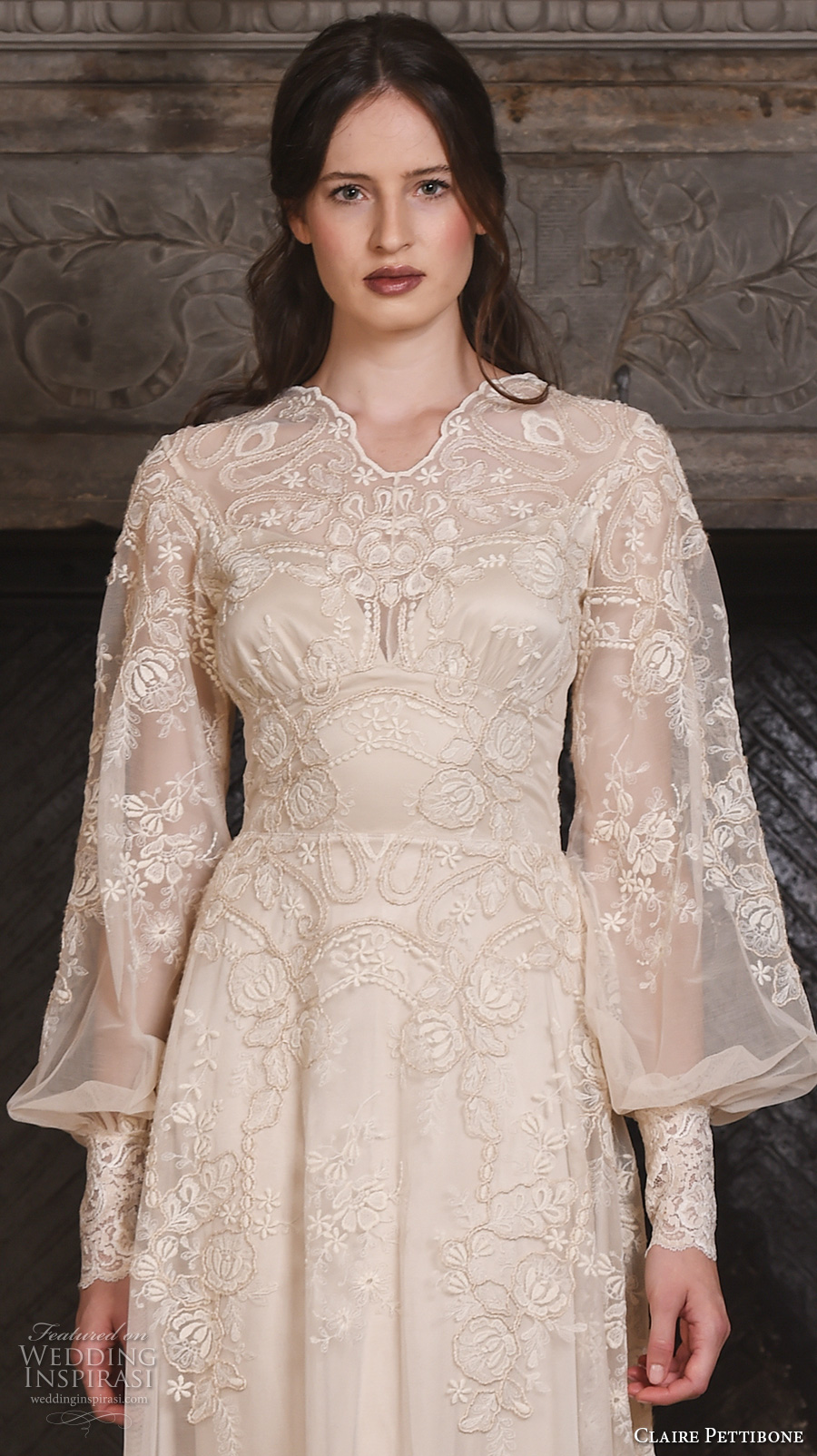 claire pettibone fall 2017 bridal long bishop sleeves small v neck full embellishment lace embroidered vintage art nouveau ivory color a  line wedding dress medium train (chrysanthemum) zv