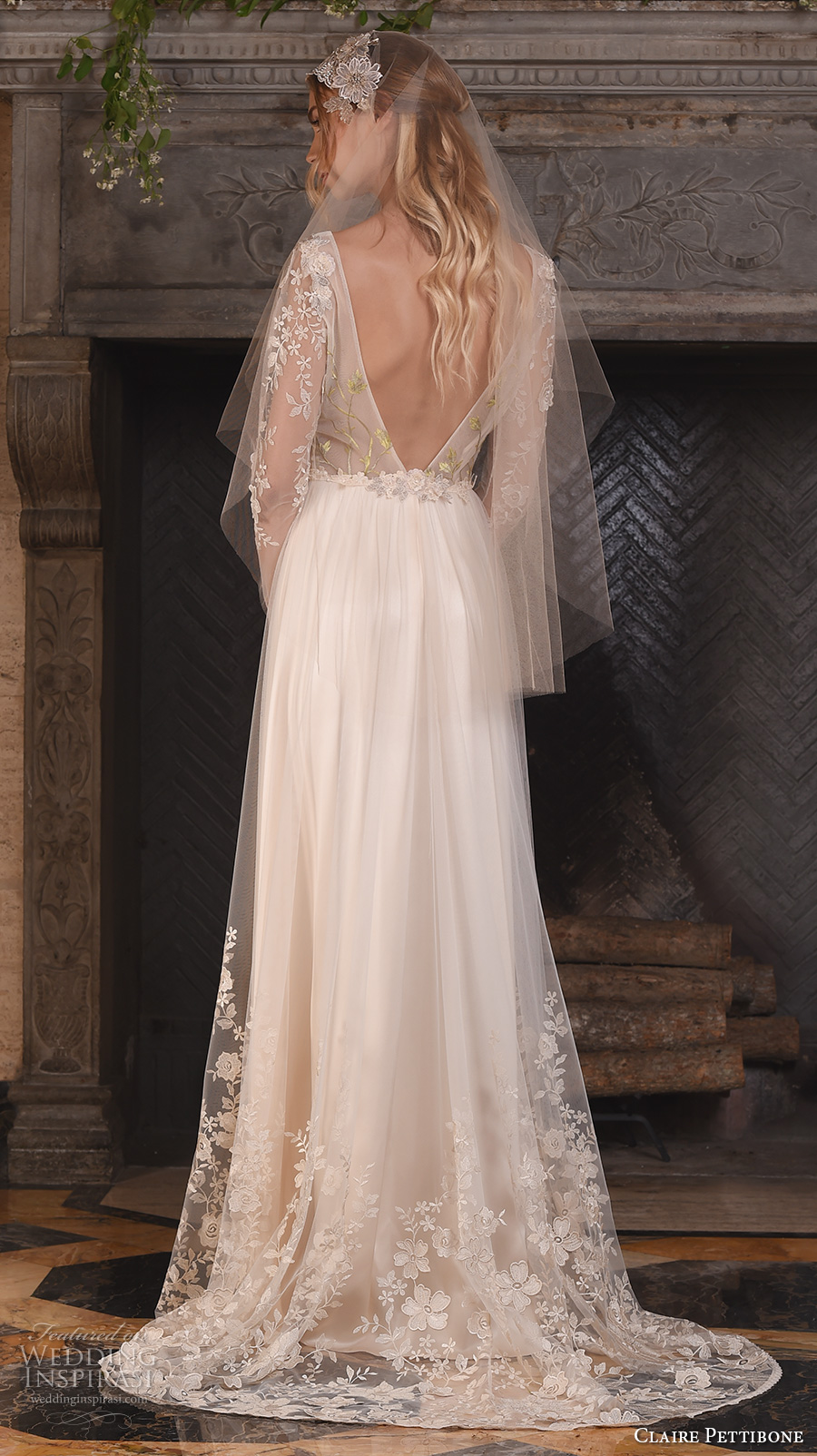 claire pettibone fall 2017 bridal long sleeves v neck heavily embellished bodice floral embroidery sheer modified a  line wedding dress low back sweep train (primavera) bv