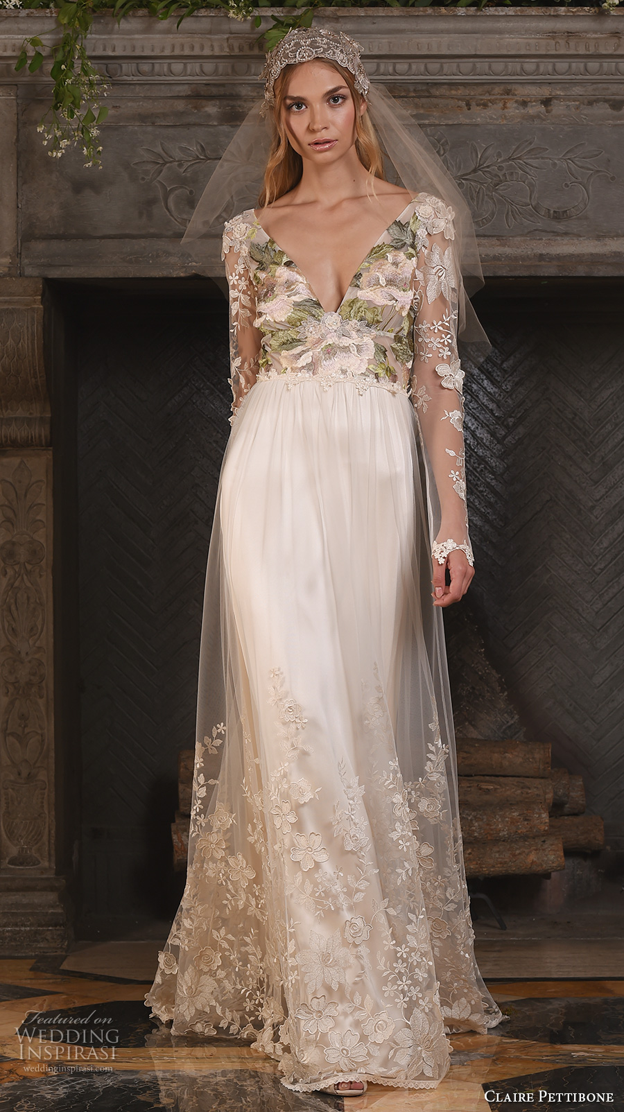 claire pettibone fall 2017 bridal long sleeves v neck heavily embellished bodice floral embroidery sheer modified a  line wedding dress low back sweep train (primavera) mv