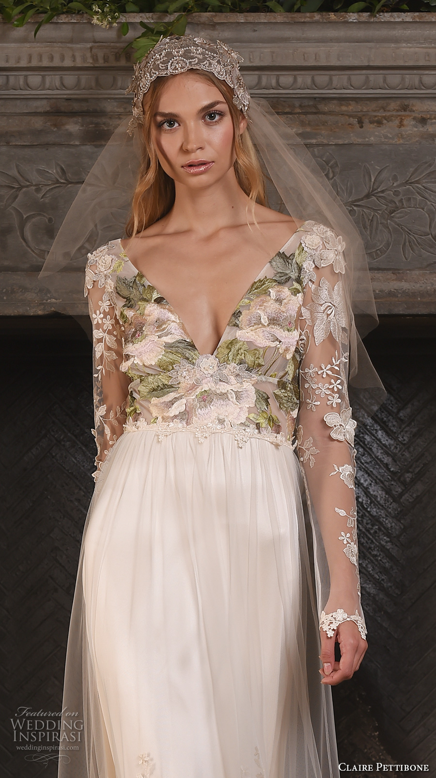 claire pettibone fall 2017 bridal long sleeves v neck heavily embellished bodice floral embroidery sheer modified a  line wedding dress low back sweep train (primavera) zv