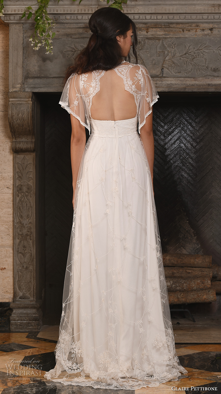 claire pettibone fall 2017 bridal short butterfly sleeves v neck lightly embellished romantic bohemian modified a  line wedding dress keyhole back sweep train (theia) bv
