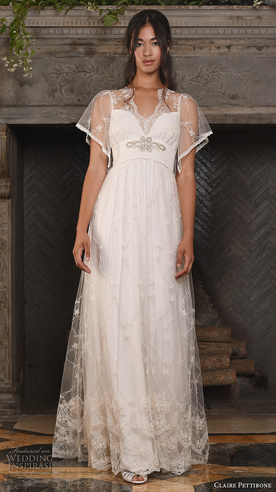 claire pettibone fall 2017 bridal short butterfly sleeves v neck lightly embellished romantic bohemian modified a  line wedding dress keyhole back sweep train (theia) mv