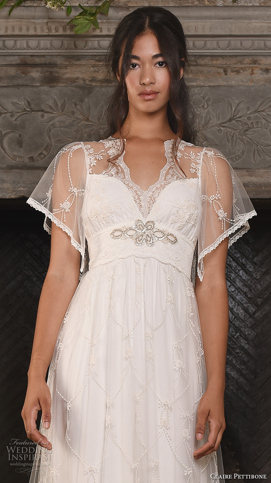 claire pettibone fall 2017 bridal short butterfly sleeves v neck lightly embellished romantic bohemian modified a  line wedding dress keyhole back sweep train (theia) zv