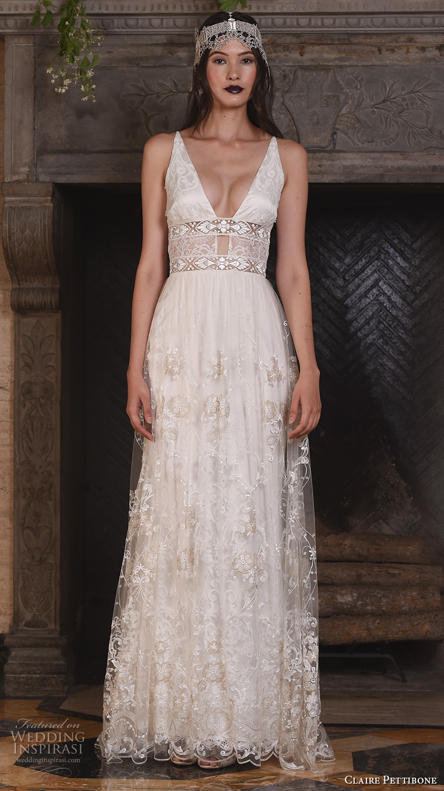 claire pettibone fall 2017 bridal sleeveless deep v neck chic bohemian sexy modified a  line wedding dress v back sweep train (nightingale) mv