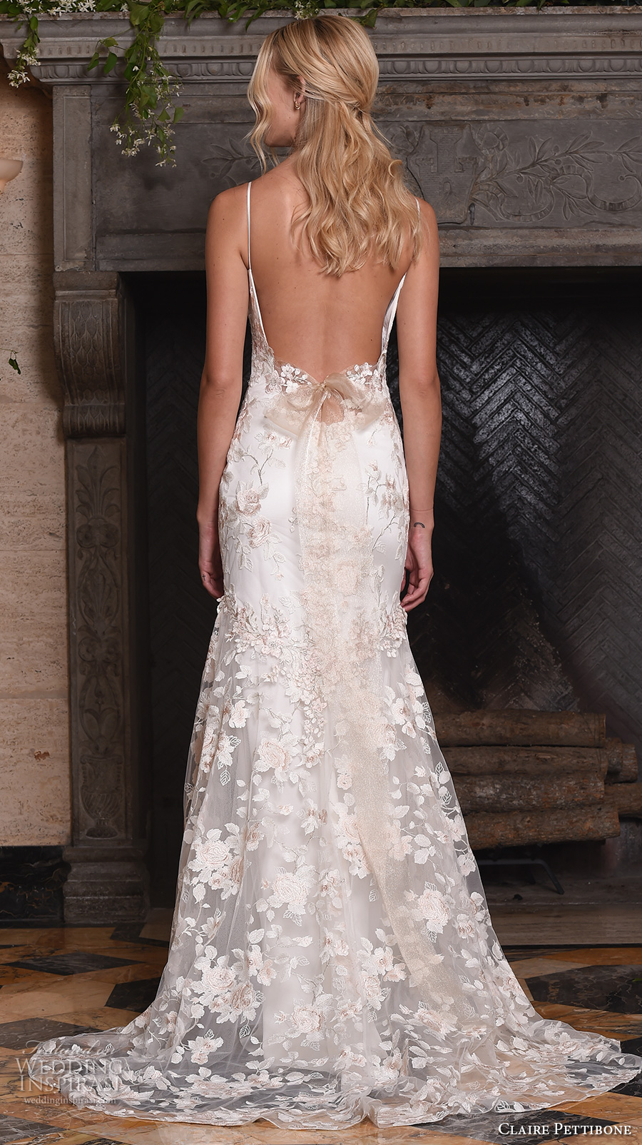 claire pettibone fall 2017 bridal sleeveless embroidered strap v neck full embellishment floral embroidery romantic mermaid wedding dress low back sweep train (april) bv