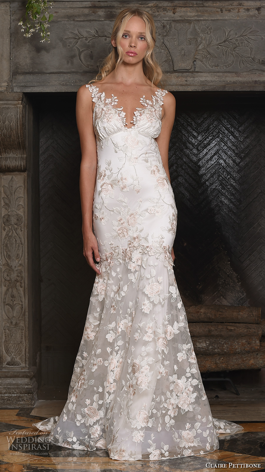 claire pettibone fall 2017 bridal sleeveless embroidered strap v neck full embellishment floral embroidery romantic mermaid wedding dress low back sweep train (april) mv