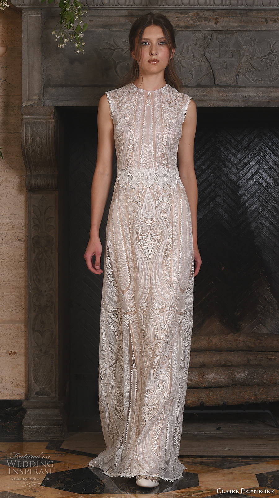 claire pettibone fall 2017 bridal sleeveless jewel neckline full embellishment vintage art deco embroidery lace a  line sheath wedding dress keyhole back (solstice) mv