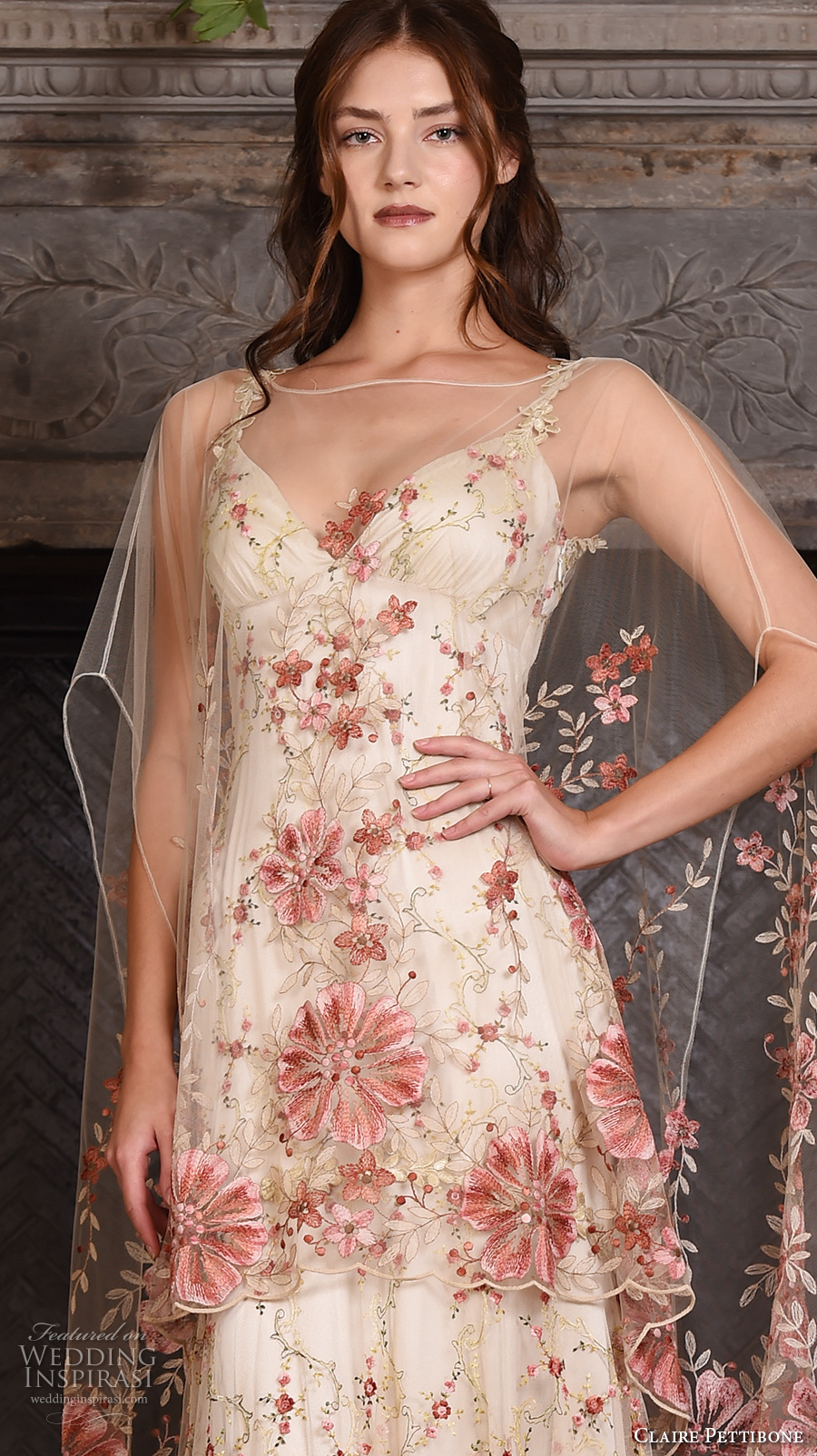 claire pettibone fall 2017 bridal sleeveless strap sweetheart neckline redfloral embroidered full embellishment vintage ivory color a  line wedding dress low back sweep train (maple) zv