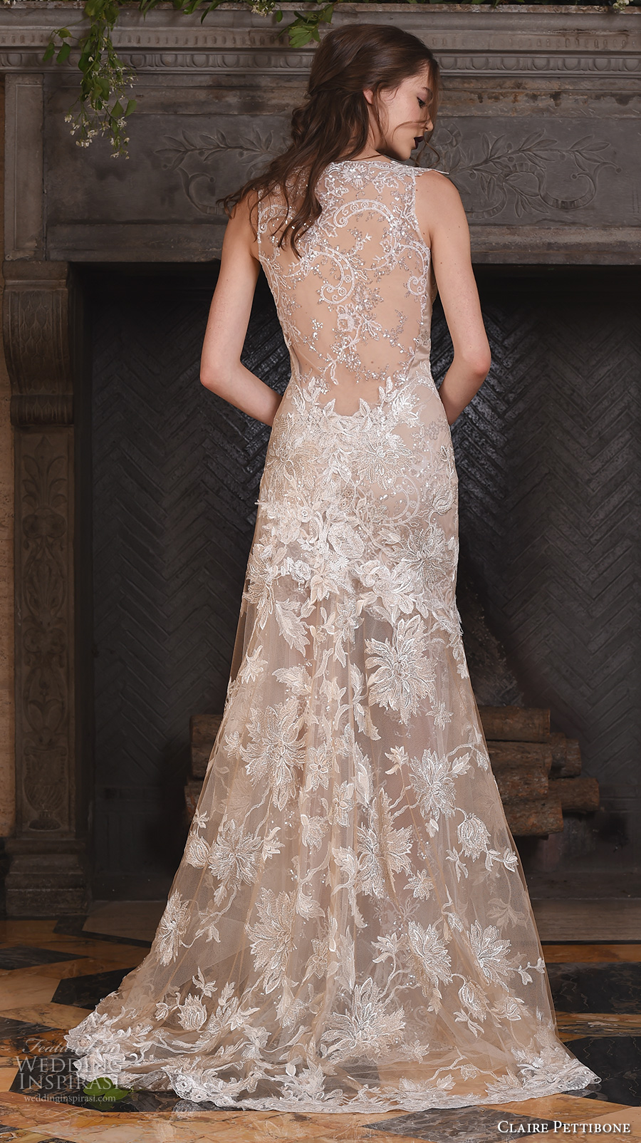 claire pettibone fall 2017 bridal sleeveless strap v neck full embellishment beautiful ivory color fit and flare mermaid wedding dress illusion lace back sweep train (noel) bv