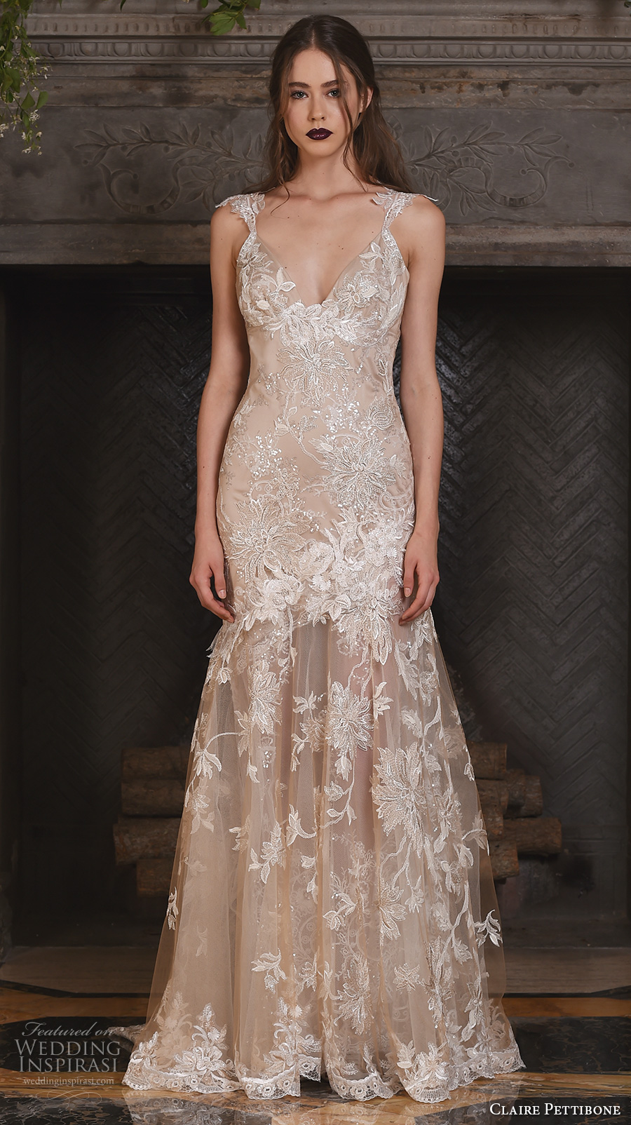 claire pettibone fall 2017 bridal sleeveless strap v neck full embellishment beautiful ivory color fit and flare mermaid wedding dress illusion lace back sweep train (noel) mv