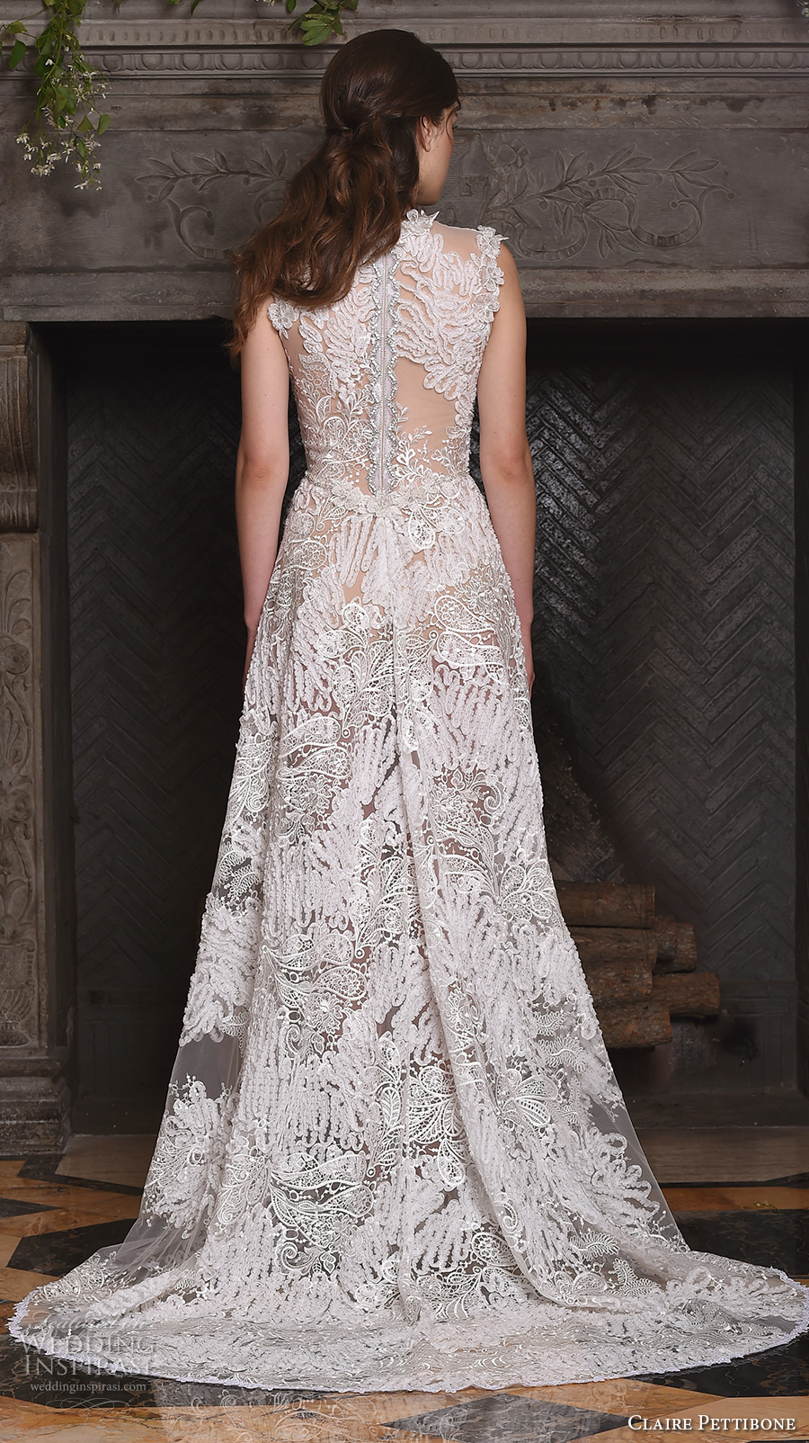 claire pettibone fall 2017 bridal sleeveless v neck full embellishment lace embroidered romantic modified a  line wedding dress lace back sweep train (snow) bv