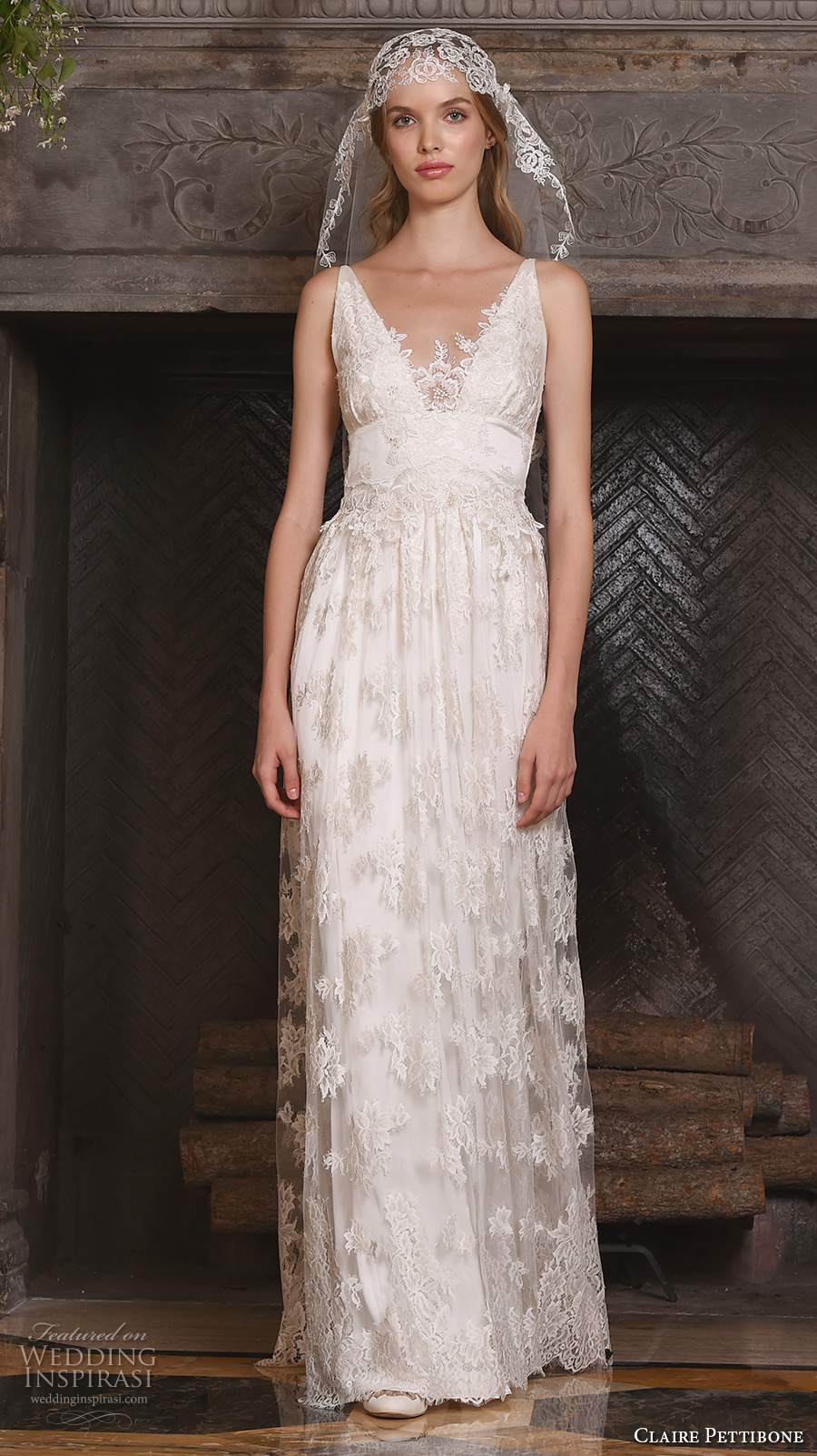 claire pettibone fall 2017 bridal sleeveless v neck vintage bohemian full embellishment lace overlay elegant a  line wedding dress low back (Persephone) mv