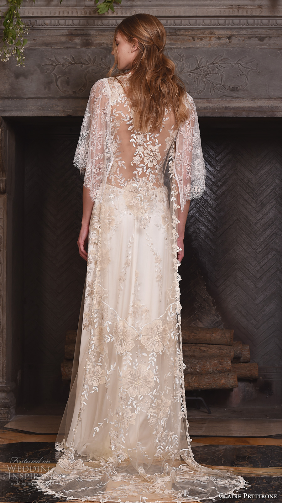 claire pettibone fall 2017 bridal three quarter sleeves illusion v neck sweetheart neckline heavily embellished bodice romantic modified a  line wedding dress lace back sweep train (reverie) bv