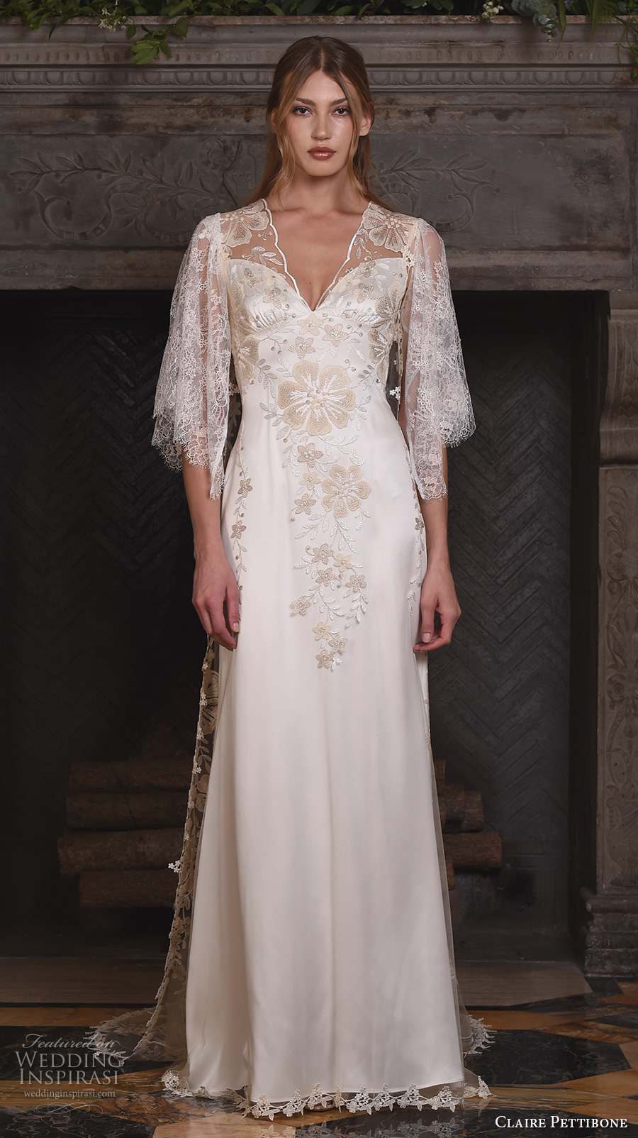 claire pettibone fall 2017 bridal three quarter sleeves illusion v neck sweetheart neckline heavily embellished bodice romantic modified a  line wedding dress lace back sweep train (reverie) mv