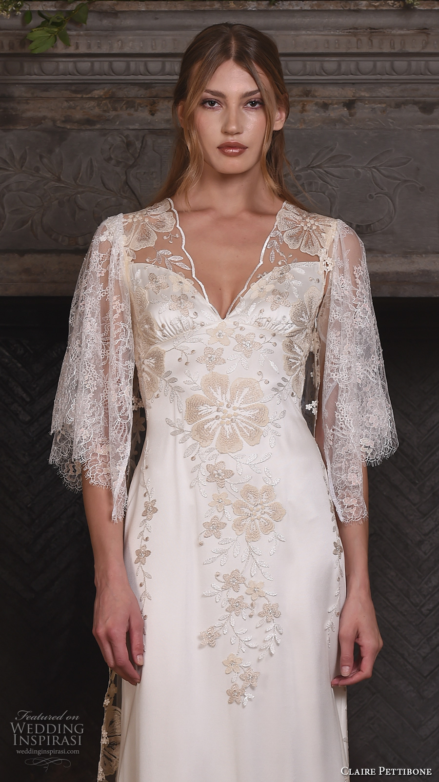 claire pettibone fall 2017 bridal three quarter sleeves illusion v neck sweetheart neckline heavily embellished bodice romantic modified a  line wedding dress lace back sweep train (reverie) zv