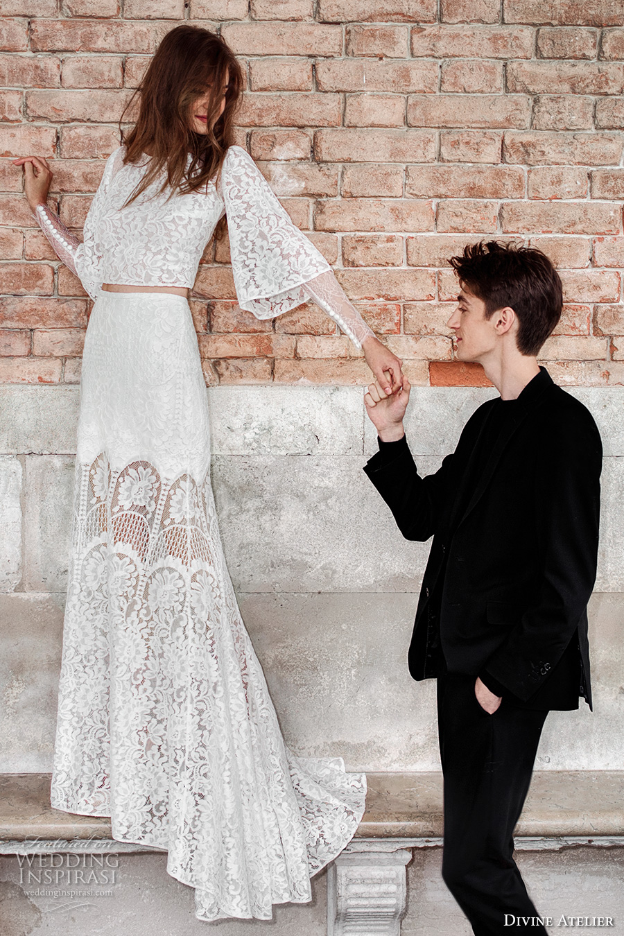 divine atelier 2017 bridal long bell sleeves full embellishment lace embroidered crop tp lace skirt bohemian romantic modified a  line wedding dress sweep train (unnamed02) mv