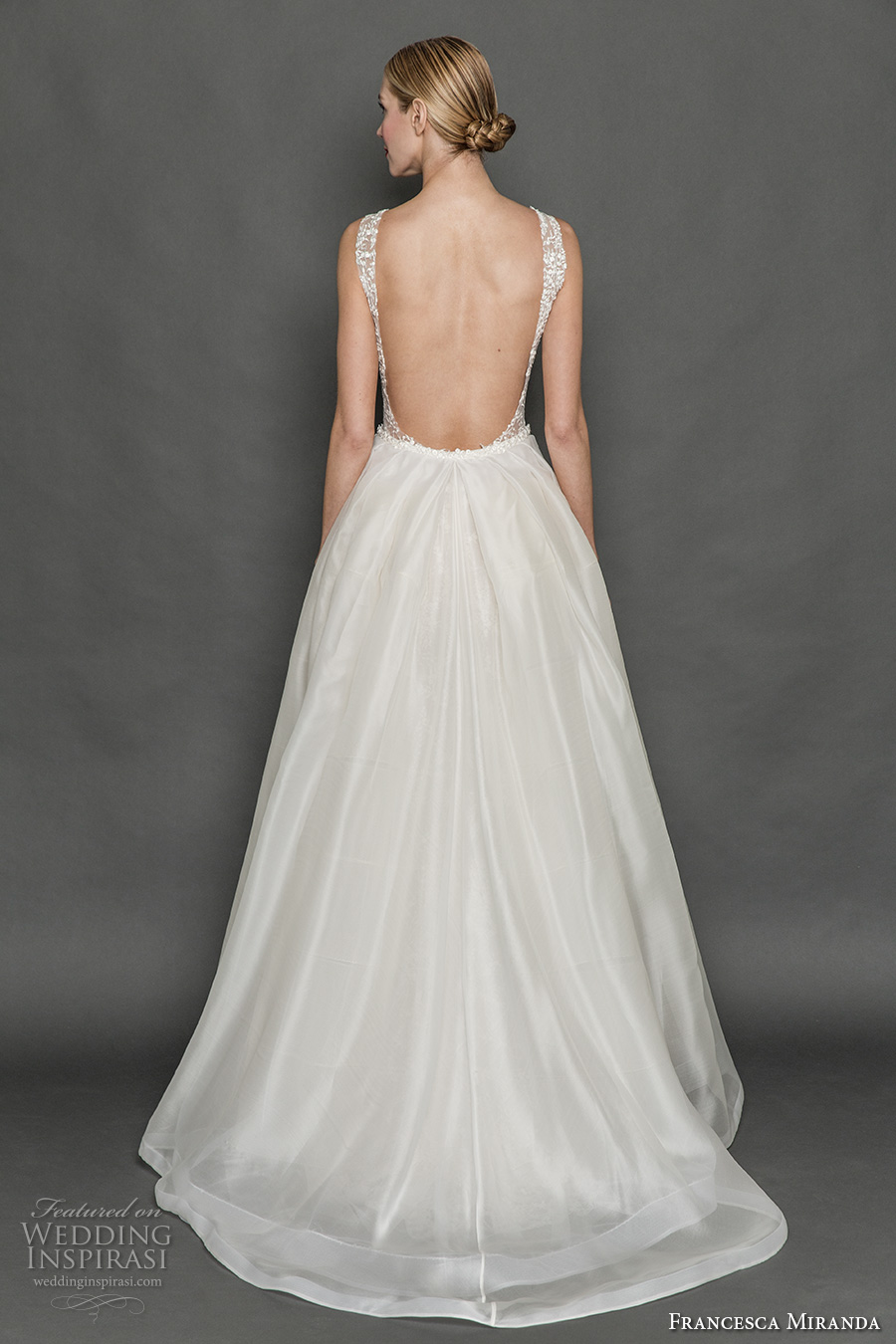 francesca miranda fall 2017 bridal sleeveless thick strap deep plunging v neck full embellishment sexy a  line wedding dress overskirt low back sweep train (mia) bv