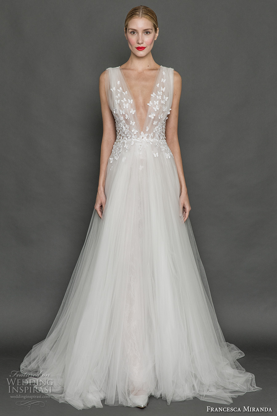 francesca miranda fall 2017 bridal sleeveless thick strap deep v neck heavily embellished bodice butterfly embroidery tulle skirt romantic a  line wedding dress low v back sweep train (aurora) mv