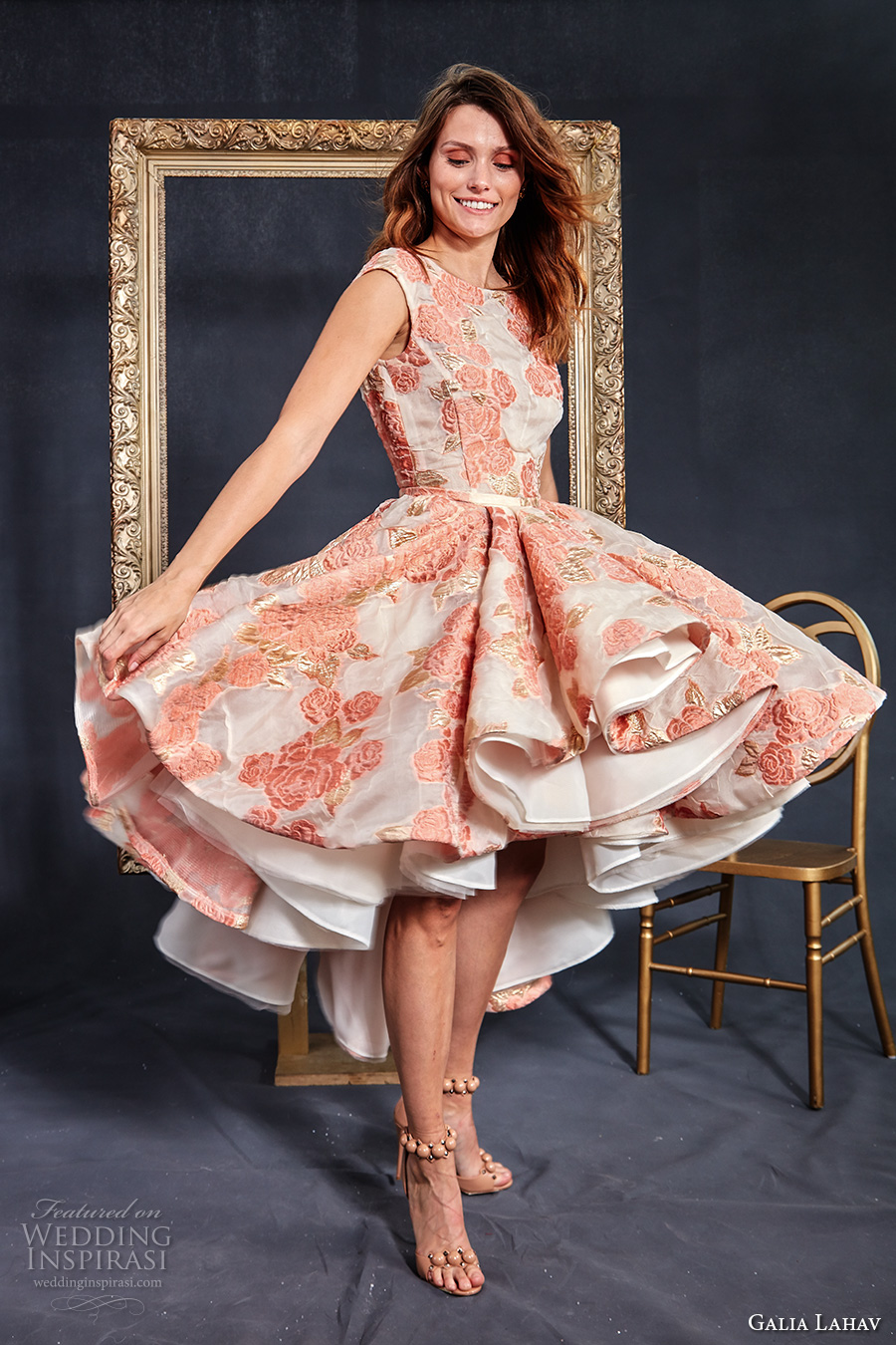 galia lahav couture fall 2017 bridal sleeveless boat neckline full embellishment floral embroidery pink color tea length short wedding dress low back (maddie) mv