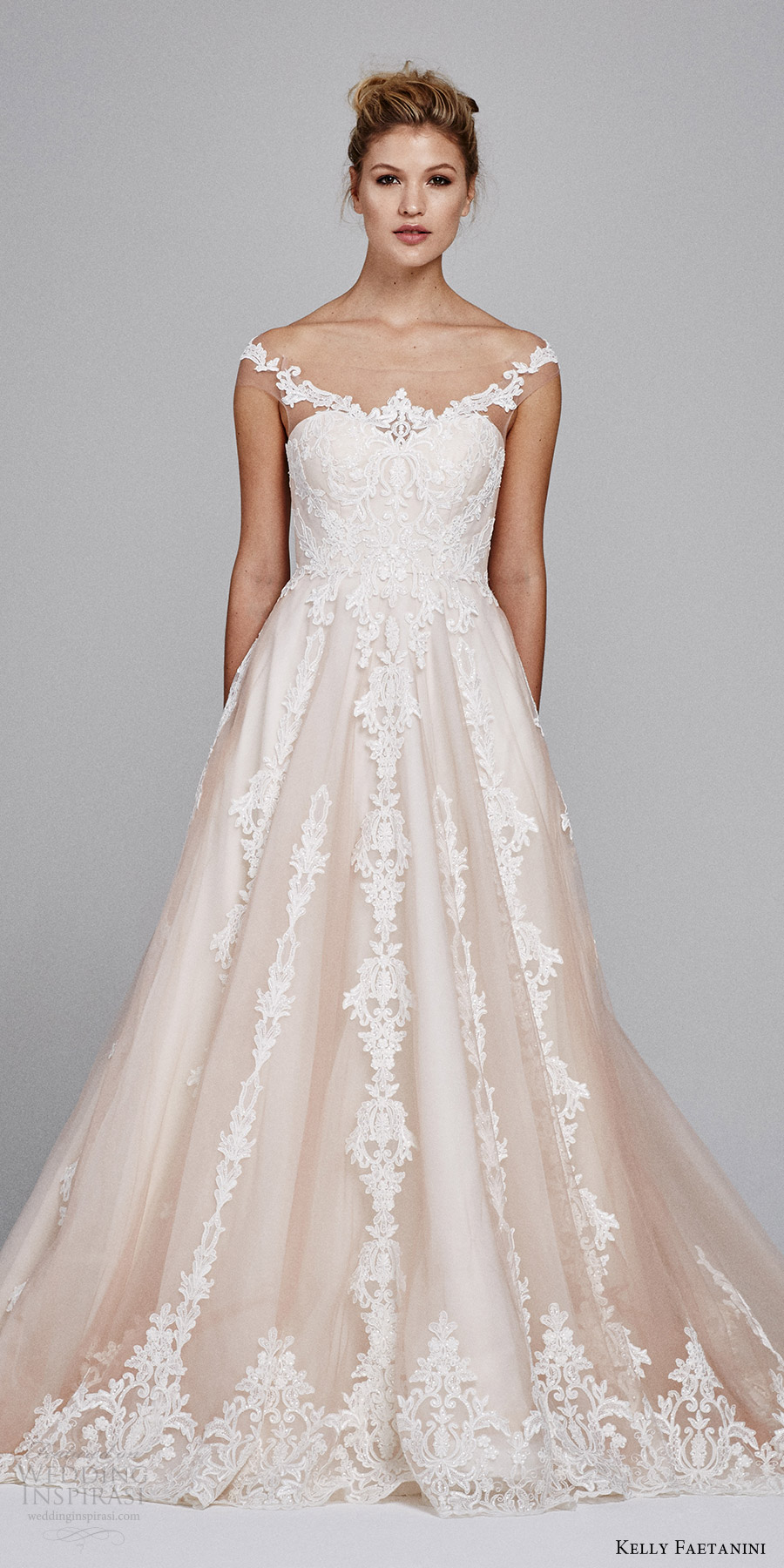 kelly faetanini bridal fall 2017 illusion off shoulder sweetheart blush alencon lace ball gown wedding dress (suri) zfv