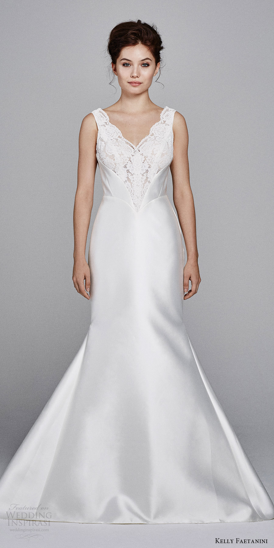 kelly faetanini bridal fall 2017 sleeveless vneck mikado alencon lace bodice trumpet wedding dress (lotus) mv train