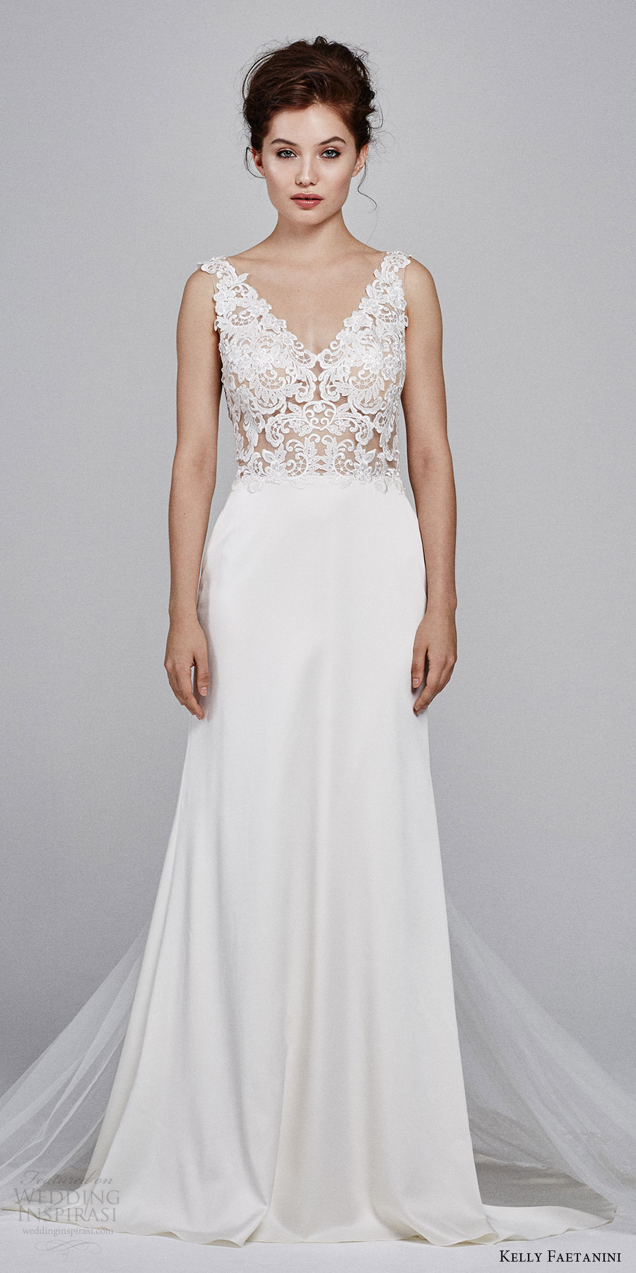 kelly faetanini bridal fall 2017 sleeveless vneck stretch satin lace bodice aline wedding dress (leilani) mv train