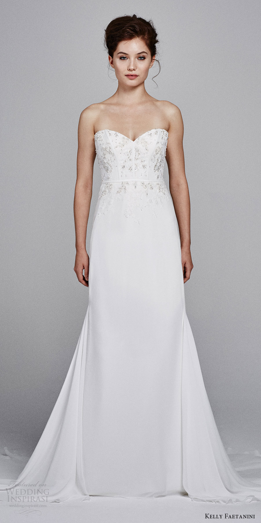 kelly faetanini bridal fall 2017 strapless sweetheart embellished bodice sheath wedding dress (sage) mv train