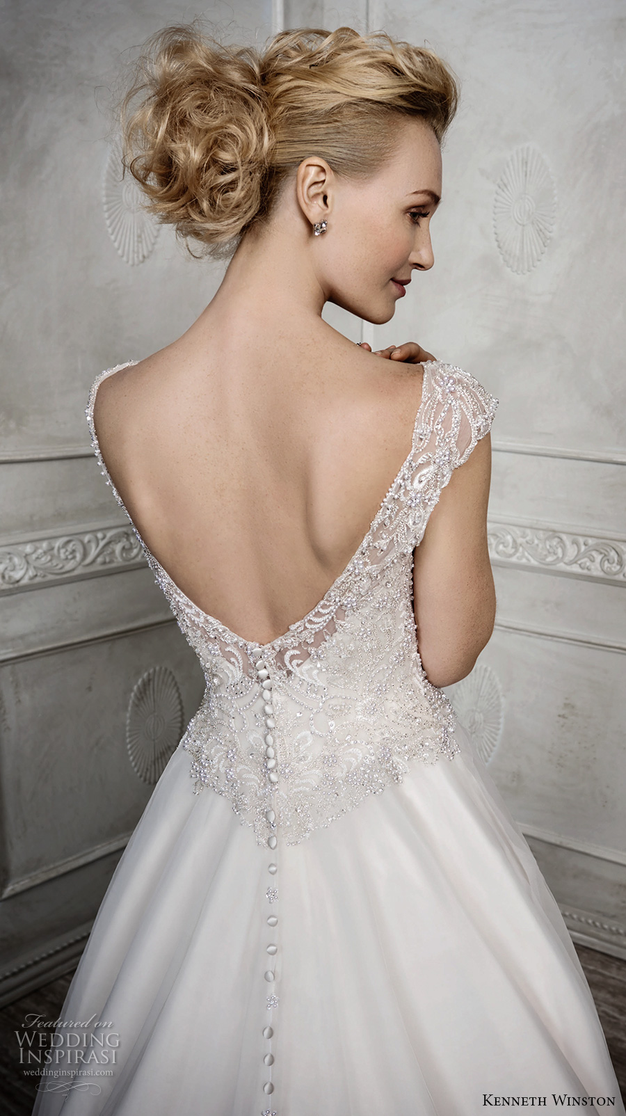 kenneth winston fall 2016 bridal cap sleeves sheer bateau neckline sweetheart neckline heavily embellished bodice elegant a  line wedding dress v back chapel train (1677) zbv