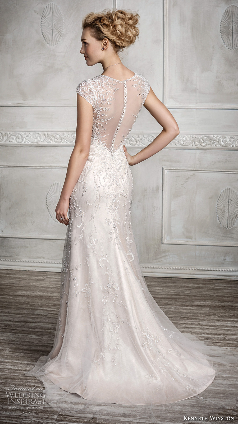 kenneth winston fall 2016 bridal cap sleeves v neckline heavily embellished bodice elegant sheath wedding dress illusion back sweep train (1686) bv