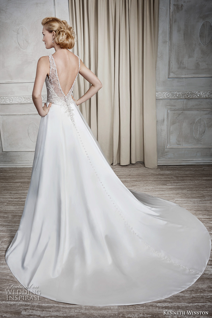 kenneth winston fall 2016 bridal sleeveless boat neckline simple clean elegant classic a  line wedding dress low back chapel train (1667) bv