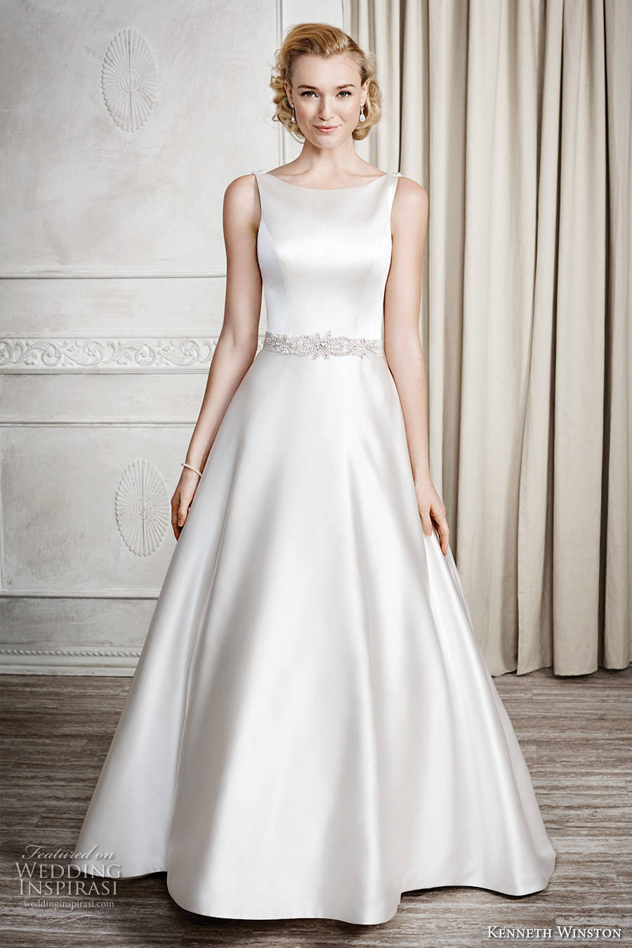 kenneth winston fall 2016 bridal sleeveless boat neckline simple clean elegant classic a  line wedding dress low back chapel train (1667) mv