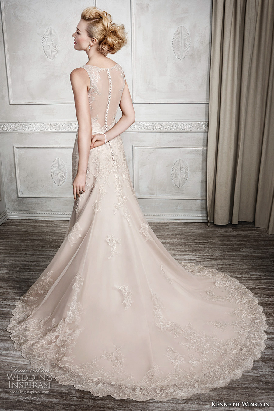 kenneth winston fall 2016 bridal sleeveless illusion boat v neckline heavily embellished bodice beautiful princess gold color a  line wedding dress illusion back chapel train (1665) bv