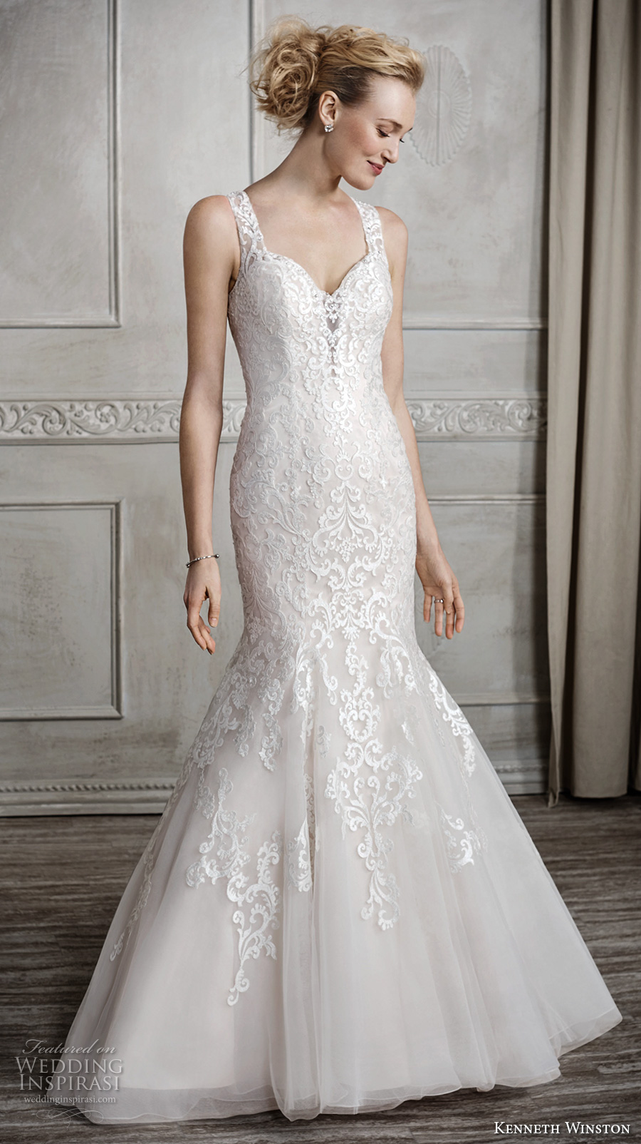 kenneth winston fall 2016 bridal sleeveless lace strap sweetheart neckline heavily embellished bodice elegant classic mermaid wedding dress illusion back chapel train (1676) mv