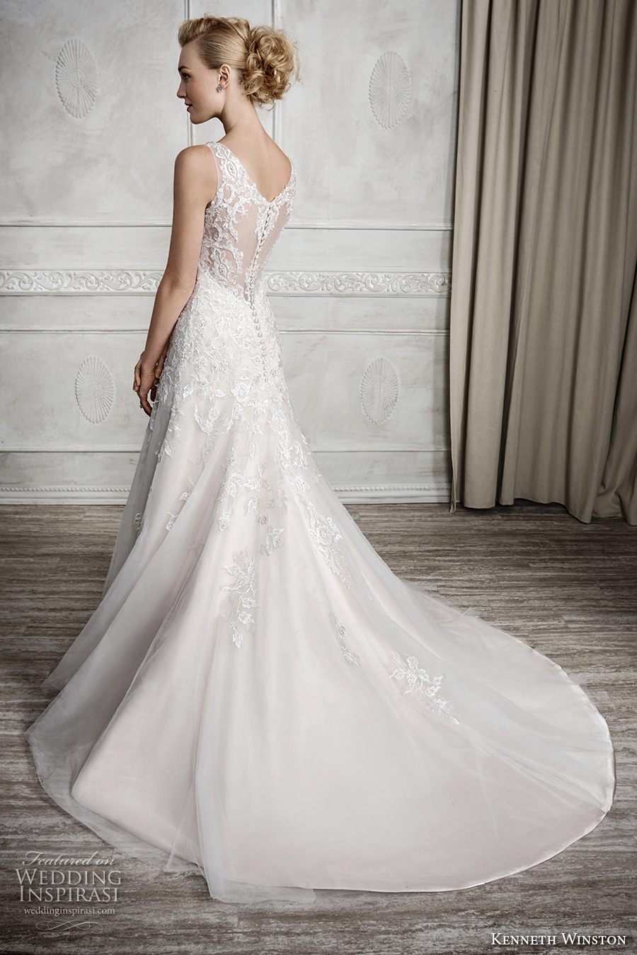 kenneth winston fall 2016 bridal sleeveless thick lace strap v neck heavily embellished bodice beautiful elegant a  line wedding dress sheer lace back chapel train (1668) bv