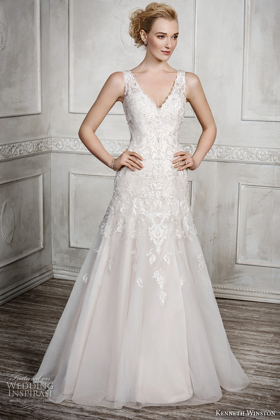 kenneth winston fall 2016 bridal sleeveless thick lace strap v neck heavily embellished bodice beautiful elegant a  line wedding dress sheer lace back chapel train (1668) mv