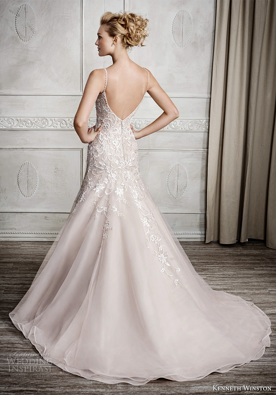 kenneth winston fall 2016 bridal spagetti strap v neck heavily embelished bodice romantic pretty champagne color modified a  line wedding dress  v back sweep train (1682) bv