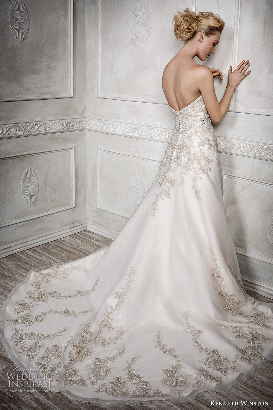 kenneth winston fall 2016 bridal strapless semi sweetheart neckline gold embroidery heavily embellished bodice gorgeous princess beautiful a  line wedding dress chapel train (1669) bv