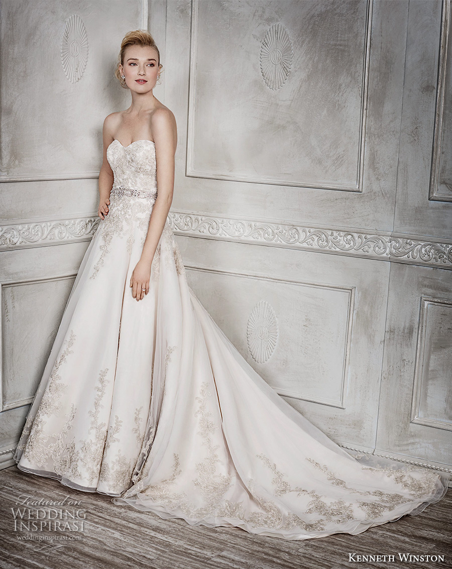 kenneth winston fall 2016 bridal strapless semi sweetheart neckline gold embroidery heavily embellished bodice gorgeous princess beautiful a  line wedding dress chapel train (1669) mv 