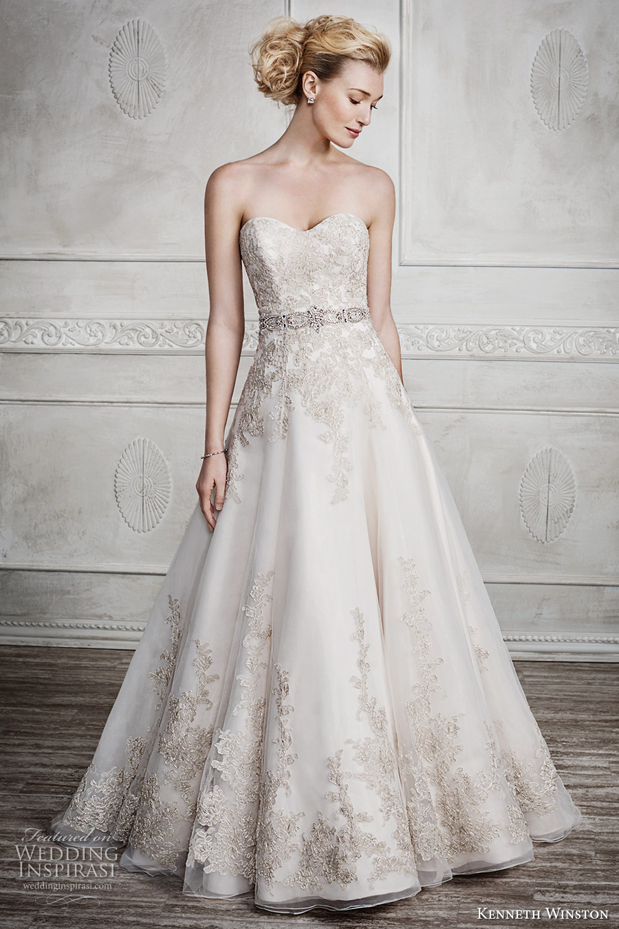 kenneth winston fall 2016 bridal strapless semi sweetheart neckline gold embroidery heavily embellished bodice gorgeous princess beautiful a  line wedding dress chapel train (1669) mv