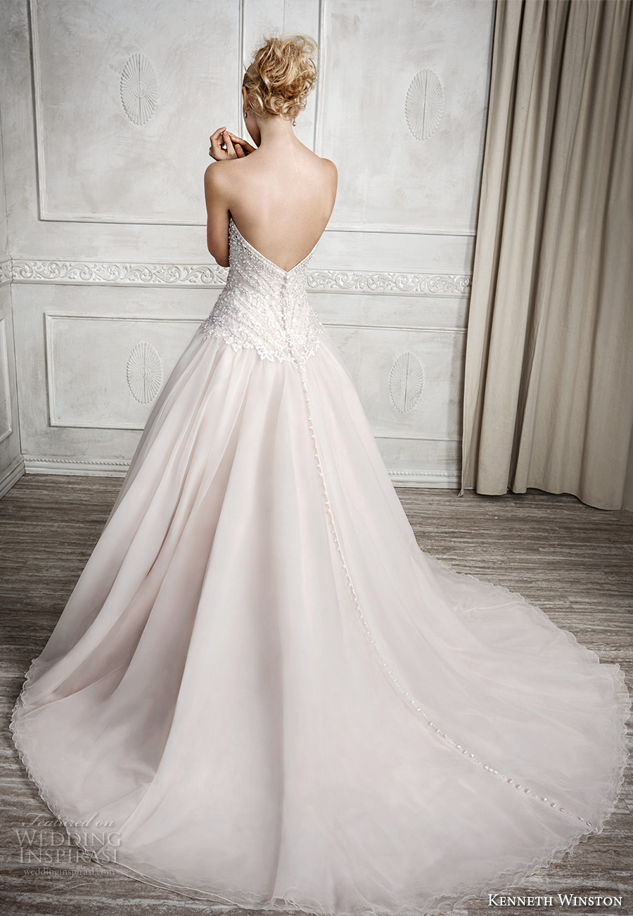 kenneth winston fall 2016 bridal strapless sweetheart neckline heavily embellished bodice champagne color princess a  line wedding dress chapel train (1671) bv